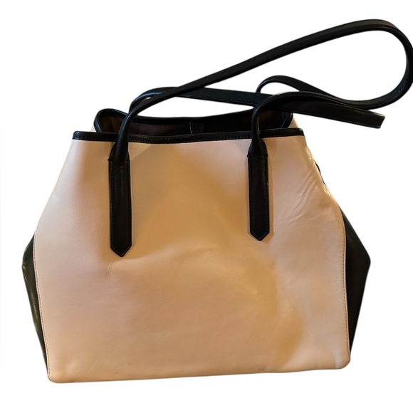 NWT J. Crew Cream & Black Genuine Leather Tote Satchel w/ Accessory Pouch - Picture 3 of 17